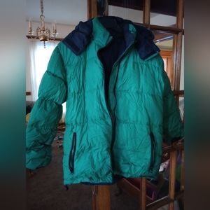 Lands End reversible hooded down puffer jacket women's small 6-8 green and navy
